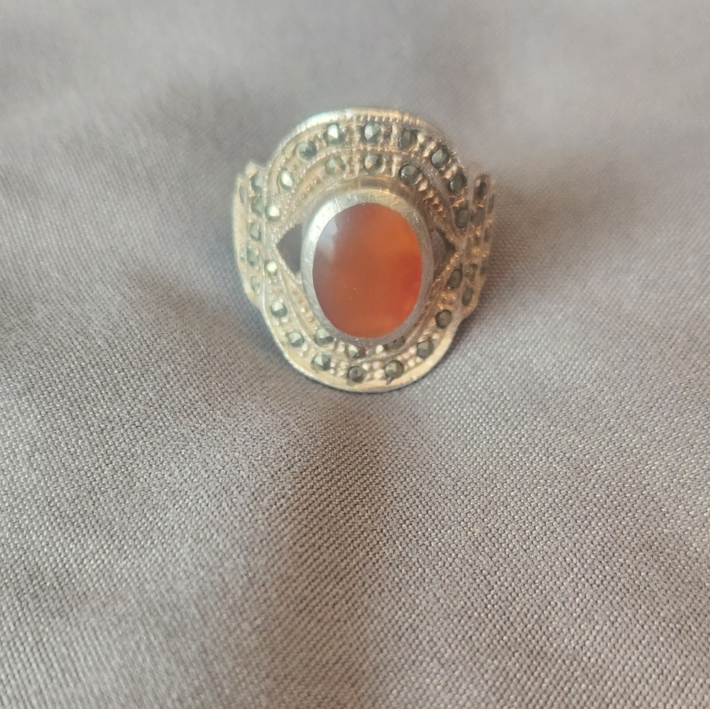Burnt Orange Natural Carnelian &  Marcasite Vintage Art Deco Ring